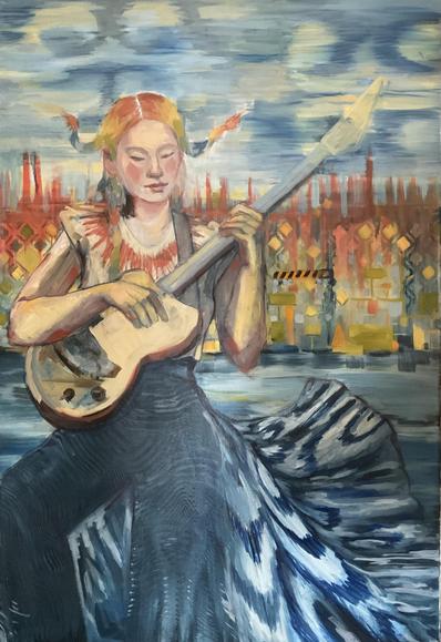 A woman with fair skin and rainbow colored hair in many braids, wearing a t-shirt and navy pants with a navy & white flowing skirt with ikat/abr pattern that merges into water reflections she seems to walk upon. Behind is a blue sky of ikat clouds, and a backdrop of orange soundwaves that look vaguely like distant spires, golden diamond pattern like traffic signs that link to flow chart shapes & construction barriers. She is playing electric guitar walking/dancing away from it. 