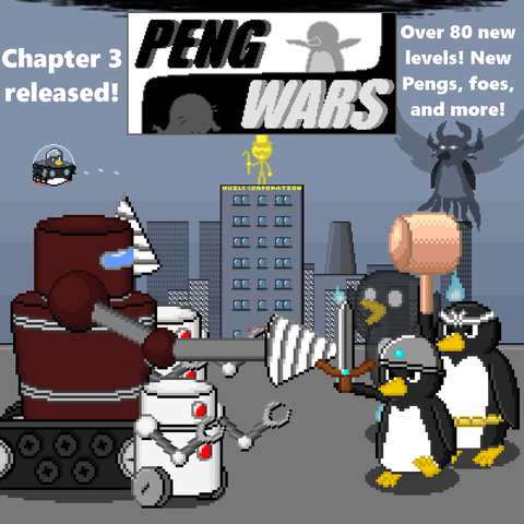 a image of the pengs doing battle with the robots of  M.P. Huile with his statue gazing at the battle field in the background on top of a huge skyscrapper. on either side in the distance is a strange shadowy horned, winged, and tentacle peng shadow. A peng in a spaceship tires desperately to attack it. text on the image reads "chapter 3 released. Over 80 new levels! new pengs, foes, and more!". 