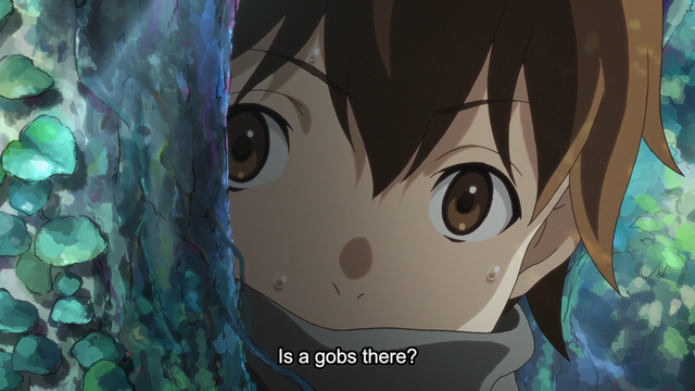 A boy (Haruhiro) with his head peeked around a tree while a girl out of frame (Yume) says, "Is a gobs there?"