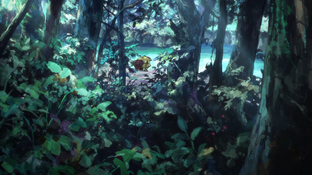 A goblin next to a body of water seen from the distance behind a wooded area.