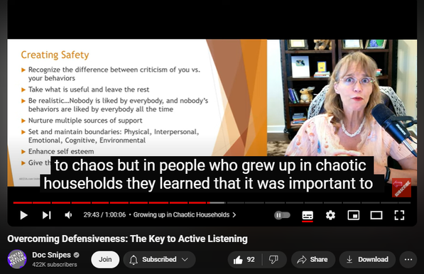 https://www.youtube.com/watch?v=XrYPePAChuc
Overcoming Defensiveness: The Key to Active Listening


1,069 views  5 Sept 2024  #cognitivebehavioraltherapy #communicationskills #relationshiptips
Overcoming Defensiveness: The Key to Active Listening Dr. Dawn-Elise Snipes, PHD, LPC-MHSP, LMHC
📢SUBSCRIBE,  👍👍 Like  and click the BELL to get notified when new videos are uploaded. 
If this video has helped you, please donate to support the channel Cashapp: 💲DocSnipes  or at https://DocSnipes.com/Donate  
💻 Unlimited online CEU courses for $59 based on this video can be found at  https://AllCEUs.com 
Find more information on this topic by asking my AI: AllCEUs.com/DocSnipes-AI