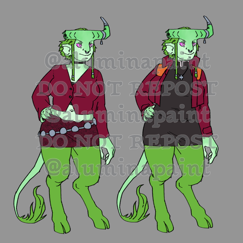 A green undead tiefling tempest cleric is shown twice. The character is wearing different clothing: the first outfit is a red cropped top and a red mini skirt, the second outfit a black dress with a red cropped jacket. the costumes are references to: maria from silent hill 2, misato from neon genesis evangelion.