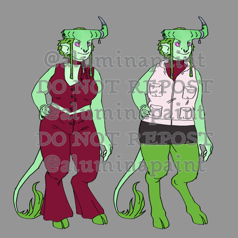 a green undead tiefling tempest cleric is shown twice. The character is wearing different clothing: the first outfit is a red two piece, the second outfit is a beige vest over a red turtleneck with a black mini skirt.

 the costumes are references to: barbie movie, heather from silent hill 3.