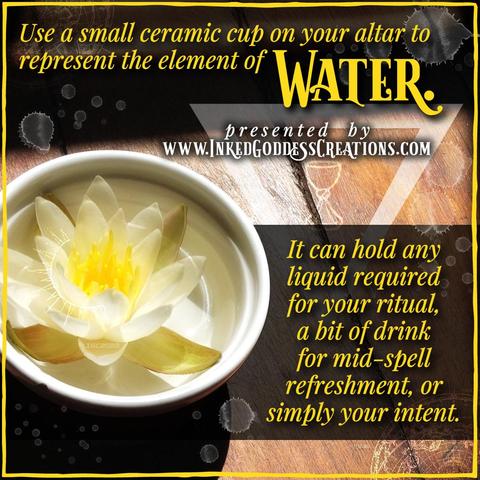 A small white ceramic bowl sits on a wooden table with light shining on it at an oblique angle. A white and yellow water lily is floating in the water in the bowl. The alchemical symbol for water is faded in the background with less-faded water-related imagery and droplets overlaying it. The text gives a little info about the element of Water and how to use and represent it. Presented by Inked Goddess Creations.