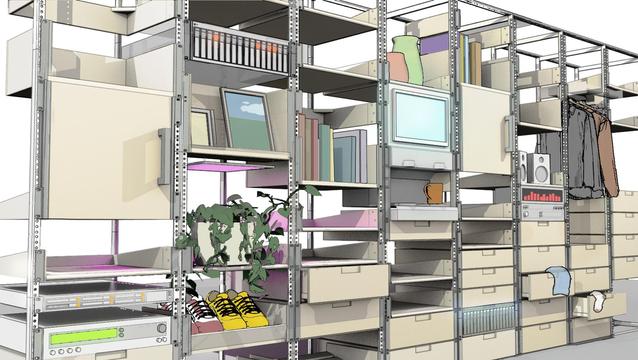 Image of a server rack with added wooden doors and shelves and cabinets, containing combinations of personal objects on the shelves (plants, photo frames, books, shoes, vases, speakers, a clothes rack, a coffee maker, objects spilling out of open drawers) and mounted electronic audio and data storage equipment.