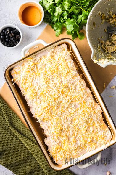Red sauce and cheese covering enchiladas, unbaked.  Additional topping ingredients laid out around enchilada pan. 