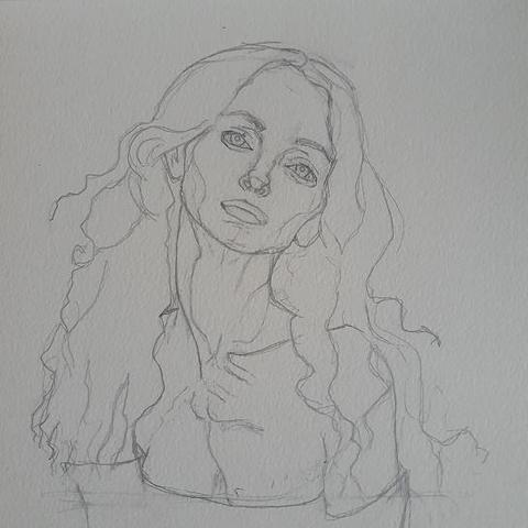 ID Line drawing of beautiful woman with long wavy hair, her head is tilted off to one side so her neck has a beautiful curve in it. Youu can see one shoulder peeping through her long curls
