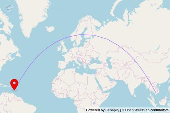 A map showing the great circle route from Prey Veng in Cambodia to a map pin at Minor Basilica of the Immaculate Conception, Micoud Street, Castries, Saint Lucia