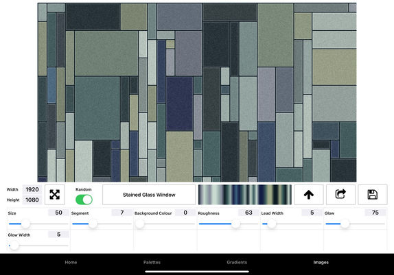An rgbDesigner stained glass window generator in shades of blue and green