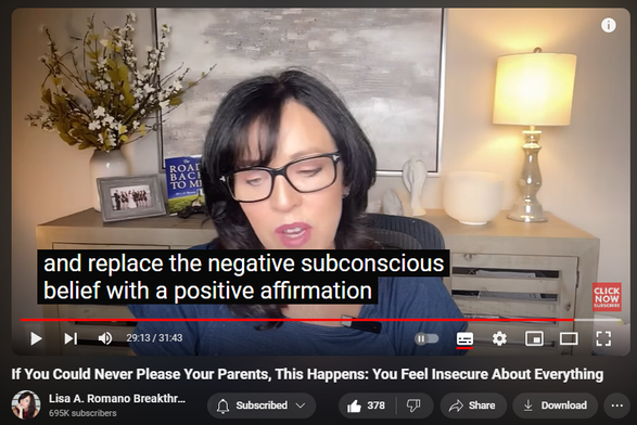 https://www.youtube.com/watch?v=OleWLfFnKq4
If You Could Never Please Your Parents, This Happens: You Feel Insecure About Everything

3,855 views  6 Sept 2024  Fawning Response; Codependency Recovery
If you could never please your parents, this happens: You feel insecure about everything, especially relationships. According to Certified Life Coach and award-winning author Lisa A. Romano, relationship insecurities are rooted in three root causes of feelings of unworthiness. In this thought-provoking and inspiring video, you will discover the root causes of codependency, insecurity, and self-doubt, all of which can be healed with enough awareness and commitment to healing from childhood trauma. 

Have you ever wondered, "Why don't I feel worthy of love?" Are you constantly battling insecurity and self-doubt and never feeling good enough? If so, you're not alone. In this video, we dive deep into the 3 key reasons why you might feel less than, unworthy, and insecure in your relationships and daily life. Whether you struggle with feelings of inferiority, feel like you're not good enough for love, or question your worthiness for someone's affection, this video will help you understand the root causes of these emotions.

Learn powerful secrets to break free from the chains of feeling less than, overcome your fears, and start believing in your true value. Say goodbye to feelings of inadequacy and hello to a life where you feel secure, confident, and worthy of love and companionship.