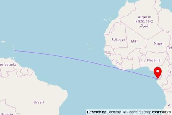 A map showing the great circle route from Castries in Saint Lucia to a map pin at Cathédrale Notre-Dame de L'Assomption, Rue Abbé Jean Urbain OBAME, Louis, Libreville, Gabon