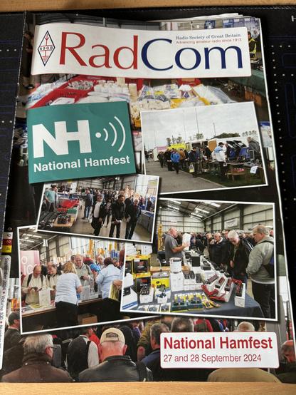 A paper magazine with RadCom written at the top and a number of photographs in montage on the cover of people (it appears to be mainly men, they seem to form the bulk of the demographic) at various radio related events and shows.
