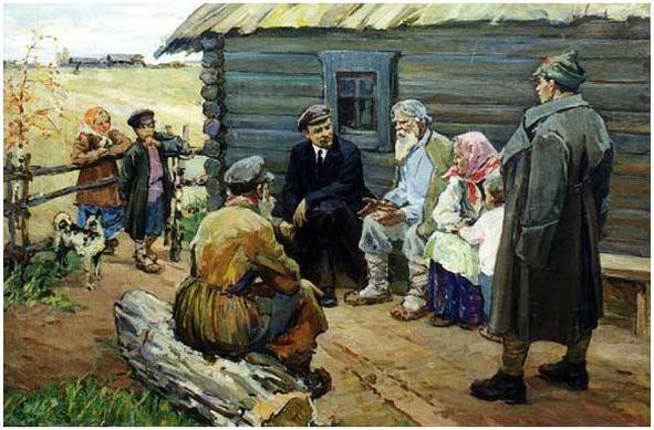 A painting of Vladimir Lenin sitting with villagers, some children, and some adults on a farm outside a small wooden cabin.