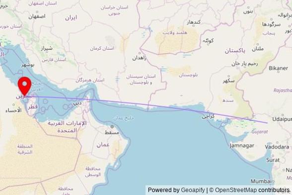 A map showing the great circle route from Siddhpur in India to a map pin at The Cathedral of Our Lady of Arabia, Road 4642, Awali, Bahrain