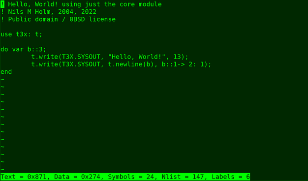 The VEE editor with a "Hello World" program loaded and information about the compiled program size at the bottom.