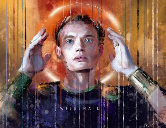 Portrait of JoJo Macari as Domitian. He is looking straight ahead and his hands are next to his head (he has just put a laurel crown on his head). The warm backgrounds in the tones of red and yellow contrasts with the cooler tones of his skin and the blue/green robes. A white halo surrounds his head.