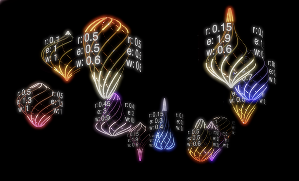 A set of tree-bauble-like decorations made of twisted lines of light hang on a black background in different colours. They are viewed from slightly underneath and the near ones partially obscure the far ones. Around each is a see-through black band with white writing wrapped around it. The writing consists of a set of mysterious numbers and letters arranged in columns.