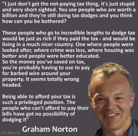 "I just don't get the not-paying tax thing, it's just stupid and very short sighted. You see people who are worth a billion and they're still doing tax dodges and you think how can you be bothered?

These people who go to incredible lengths to dodge tax would be just as rich if they paid the tax - and would be living in a much nicer country. One where people were 
looked after, where crime was less, where housing was better and people were better educated.

So the money you've saved on tax, you're probably having to use to pay for barbed wire around your property. It seems totally wrong headed. 

Being able to afford your tax is such a privileged position. The people who can't afford to pay their bills have got no possibillity of dodging it" 

Graham Norton 