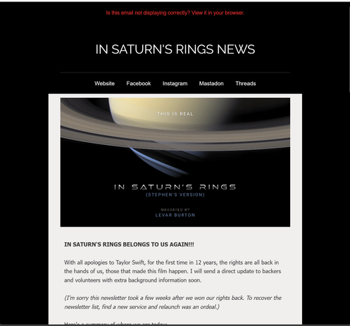 screenshot of In Saturn's Rings email Newsletter