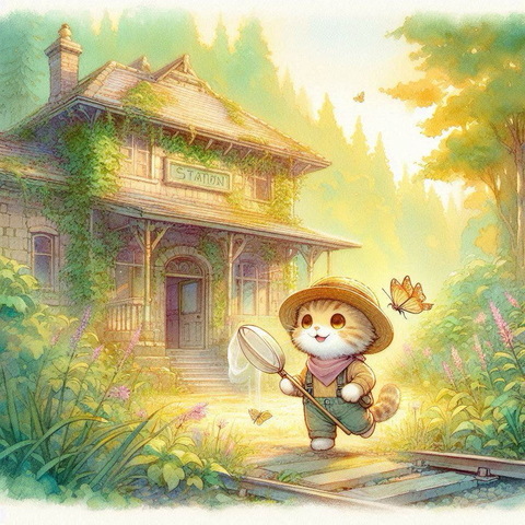 子猫が蔦に囲まれた古びた駅舎と、その先に広がる森の入り口にきたところを子猫中心に描画。森の木漏れ日の中、子猫は麦わら帽子を被って虫取り網を持ち、好奇心で目を見開き元気に跳ね回る。