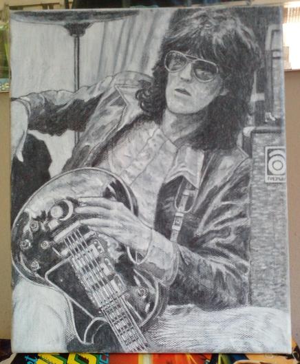 a painting in black and white of keith richards, leaning with his guitar lazily perched on his knee, a cigarette between his thin fingers, he is wearing a leather jacket and sunglasses, long black hair, looking at the viewer, cymbals behind him 