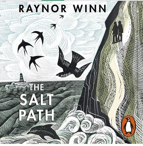 An illustration of waves crashing against some cliffs. There are swifts, a seagull and a dolphin. In the distance is a lighthouse and on a cliff path are two figures. It looks a bit like lino print and the colours are very muted. The book is called "the salt path" and was written by Raynor winn.