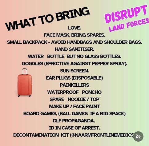 
What to bring 
LOVE, FACE MASK, BRING SPARES. SMALL BACKPACK - AVOID HANDBAGS AND SHOULDER BAGS. HAND SANITISER. WATER BOTTLE BUT NO GLASS BOTTLES. GOGGLES (EFFECTIVE AGAINST PEPPER SPRAY). SUN SCREEN. EAR PLUGS (DISPOSABLE) PAINKILLERS WATERPROOF PONCHO SPARE HOODIE / TOP MAKE UP / FACE PAINT BOARD GAVES, (BALL GAMES IF A BIG SPACE) DLF PROPAGANDA, ID IN CASE OF ARREST. DECONTAMINATION KIT (@naarmfrontlinemedics )