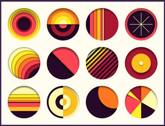 Circles with paper-like, colourful patterns inside.