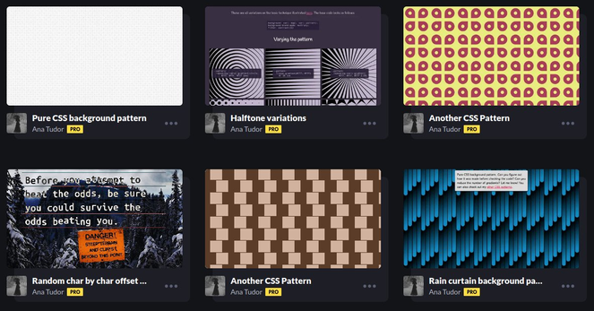 A grid of 6 CSS pattern demos under the #css-patterns tag in my CodePen profile.