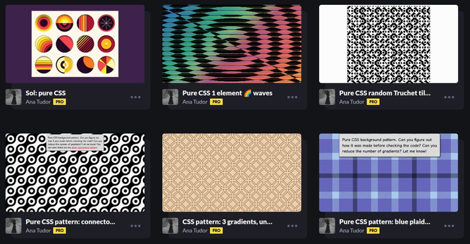 A grid of 6 CSS pattern demos under the #css-patterns tag in my CodePen profile.