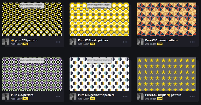 A grid of 6 CSS pattern demos under the #css-patterns tag in my CodePen profile.