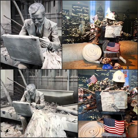 Four views of Seward Johnson's "Double Check" (1982) and (2002)
A businessman seated on a bench with an open briefcase on his lap.
Two photos feature the sculpture in Grey tones with ash and debris from the fallen World Trade Center.
Two photos feature the sculpture festooned with tributes of those that died on that day.