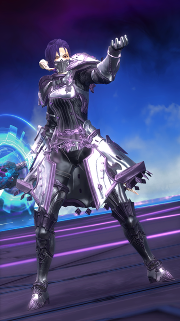 Berin Rinrin, a femalre raen au ra dark knight in a silver armor with purple accents, wearing a half-mask that obscures the lower half of her face. She is raising her hand in challenge towards someone off-screen. She has a greatsword in her other hand.
