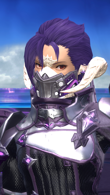 Portrait shot of Berin wearing a silver half-mask with purple accents and matching earrings. please notice the glowy earrings I farmed them just for this glam ok?