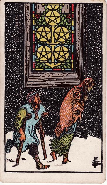 the Five of Pentacles (Rider Waite Tarot)