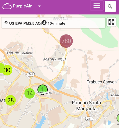 AQI map showing reading at 780 PM2.5 near Portola Hills
