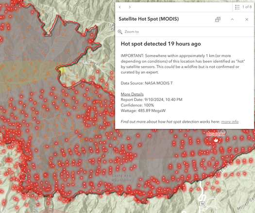 MODIS data from a NASA satellite indicating that, along the perimeter of the Airport fire near Los Angeles, a grid point produced nearly 500 megawatts of detectable radiative power.