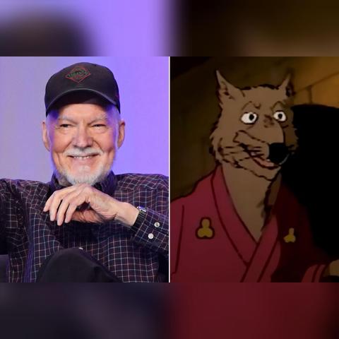 Photo of Peter Renaday & the cartoon character he played, Master Splinter.