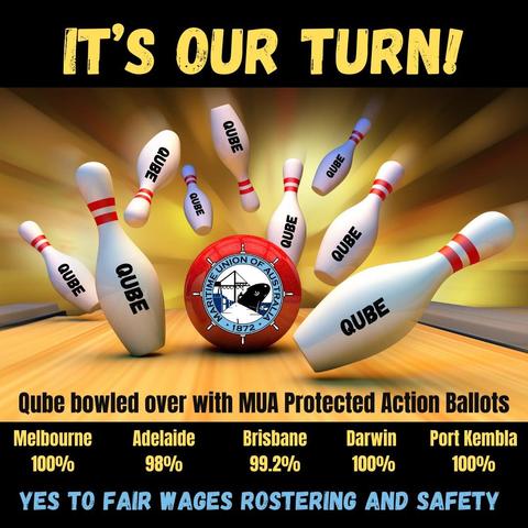 IT'S OUR TURN! 

Qube bowled over with MUR Protected Action Ballots 
Melbourne Adelaide Brisbane Darwin Port Kembla 

YES TO FAIR WAGES ROSTERING AND SAFETY 