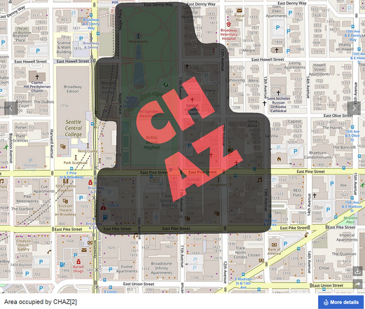 screenshot of a map on Wikipedia showing the roughly 13-block area of Seattle known as "CHAZ" that was taken over by protestors in 2020
