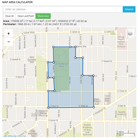 Screenshot of a website that calculates the area of a custom region drawn on a map. The map of the "CHAZ" / "CHOP" 2020 protest zone in Seattle is drawn, and the calculator shows a total area of 0.17km² or 42.02 acres