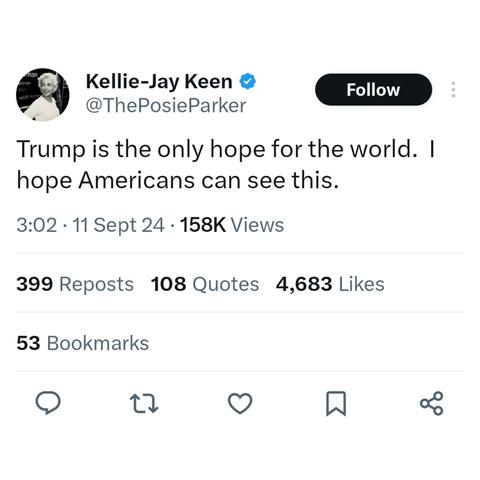 Screenshot of tweet by Kellie-Jay Keen (Posie Parker) claiming, "Trump is the only hope for the world. I hope Americans can see this".