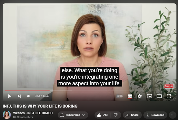 https://www.youtube.com/watch?v=0POJZK9fmTU
INFJ, THIS IS WHY YOUR LIFE IS BORING

11 Sept 2024  2024 videos
Free INFJ EPIC LIFE Formula Poster: https://infjformula.gr8.com/ 
Get the INFJ Audio GUIDE TODAY!!! https://wenzes.thinkific.com/courses/... 
Work with me 1-on-1: https://1-on-1-coaching.wenzes.com/
Join INFJ Bootcamp Waiting List https://bootcampwaitinglist.wenzes.com/

INFJ Life Coach  Lesson: Are you struggling to choose your own energy and path? Many INFJs feel the same way. It may seem boring at first, but understanding that it's okay for it to be mundane is a key step towards a fulfilling life. Don't get stuck in other people's energy for excitement; choose your own path and feel true happiness. Embracing your own energy may not be as thrilling initially, but in the long run, it will bring you genuine fulfillment without compromising yourself.