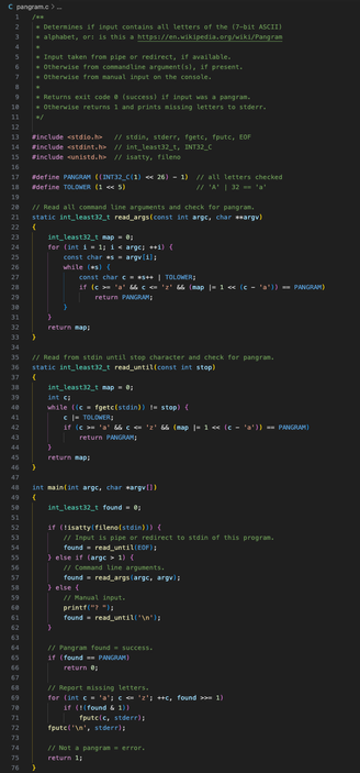 C source code, screenshot from https://github.com/ednl/c/blob/master/pangram.c