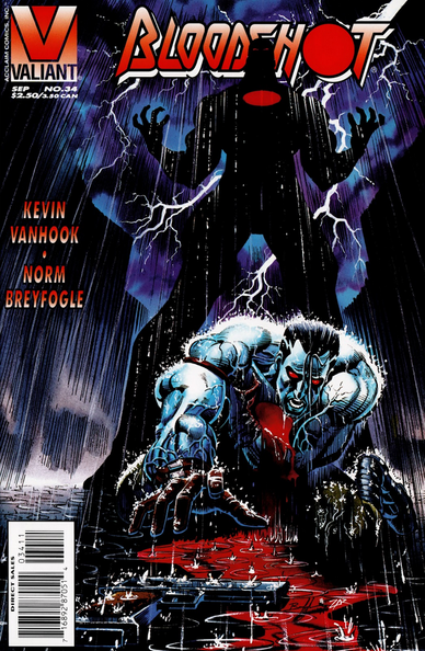 the cover of the comic book, bloodshot is bleeding heavily from his chest in the rain, reaching for a pistol, a figure in shadows behind him, the valiant comics logo is in the upper left corner, in large red letters in the top center it reads 'bloodshot' 