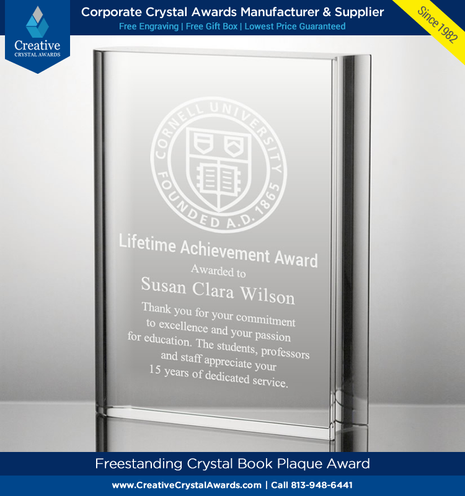 Engraved crystal book award, book shaped crystal award, crystal book plaque, book shape crystal plaque, crystal book shaped plaque, crystal plaque in book shape, crystal book figurine award, book shape crystal award, corporate crystal awards supplier USA – Creative Crystal Awards