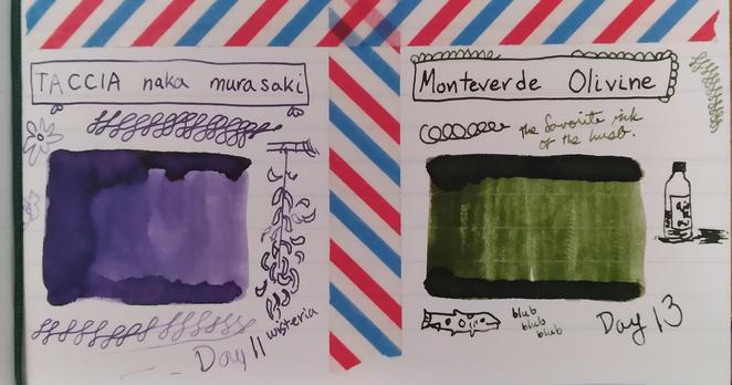 Photo of two rectangular ink swatches in a Midori notebook. Left, dark purple shading to light, with a doodle of drippy hanging wisteria flower. Right, dark green shading to light olive, with a doodle of a bottle of olive oil. Neither shimmers or sheens at all.