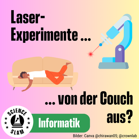 1)	„Laser-Experimente von der Couch aus?“ Zwei Comic-Zeichnungen eines Menschen, der gemütlich auf einem Sofa liegt und eines Lasers mit rotem Laserstrahl sind zu sehen. Darunter steht „Informatik“.