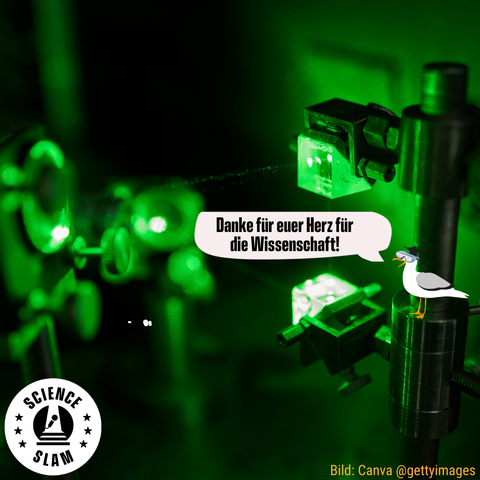 4)	Ein grünes Bild eines Lasers mit Laserstrahl. Auf einem der Geräte sitzt die Science-Slam-Möwe und sagt „Danke für euer Herz für die Wissenschaft!“