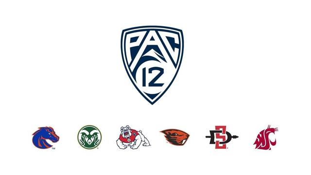 The image features the PAC-12 logo at the center, with various college team logos displayed below it, including those of Boise State, Colorado State, Fresno State, Oregon State, San Diego State, and Washington State.